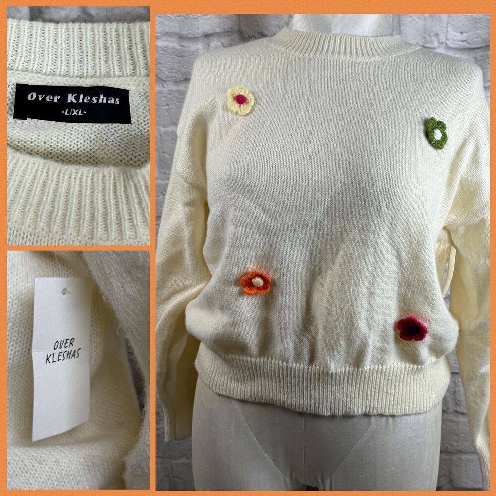 Over Kleshas Knitted Flower Sweater Womens Large / XL Pullover Daisies NWT